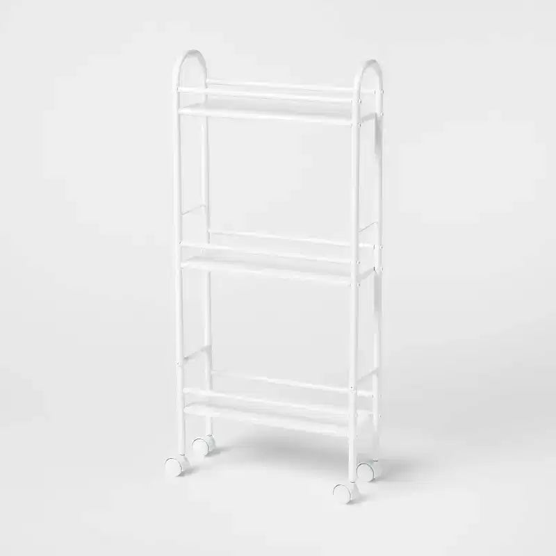 Chariot de rangement métallique étroit à 3 étagères, roulettes, poignées latérales, blanc, 90,5 cm H x 40,5 cm L x 15 cm P