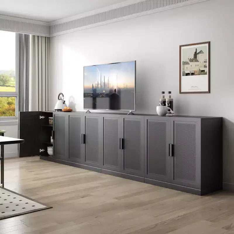 Bahut en grain de bois noir de 3,15 m de large, 8 portes en rotin, étagères réglables, capacité de 226 kg