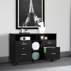 Classeur latéral à 4 tiroirs, 104 cm l MDF, 2 tiroirs pour dossiers + 4 étagères ouvertes, serrure à clé, roulettes verrouillables, noir