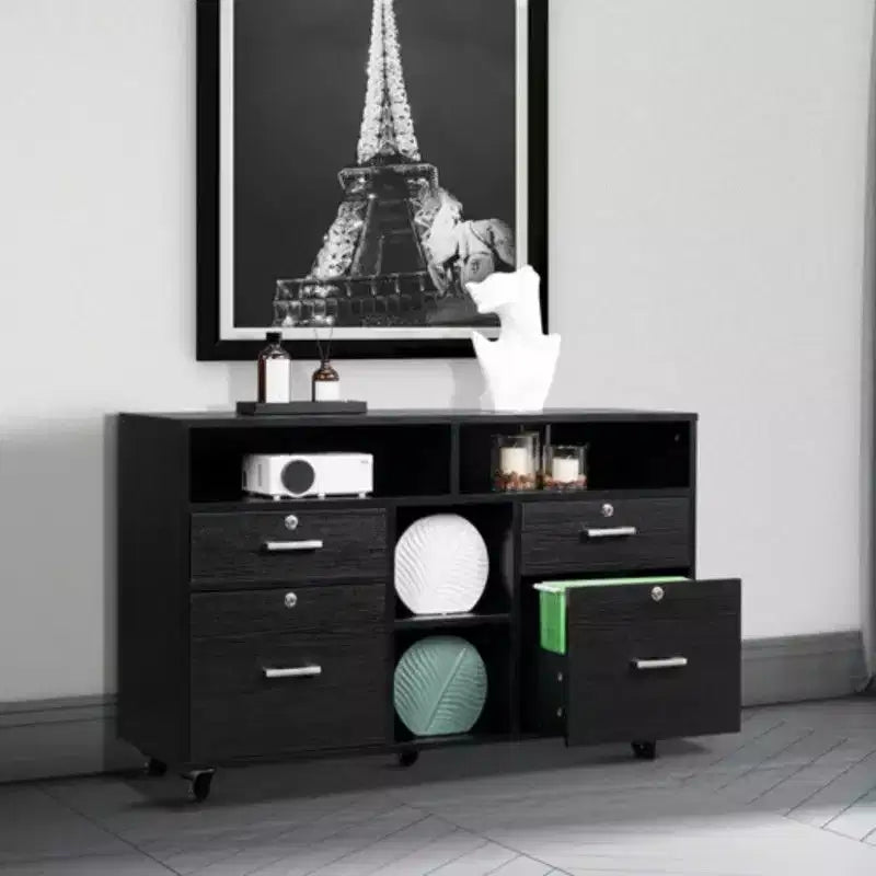 Classeur latéral à 4 tiroirs, 104 cm l MDF, 2 tiroirs pour dossiers + 4 étagères ouvertes, serrure à clé, roulettes verrouillables, noir