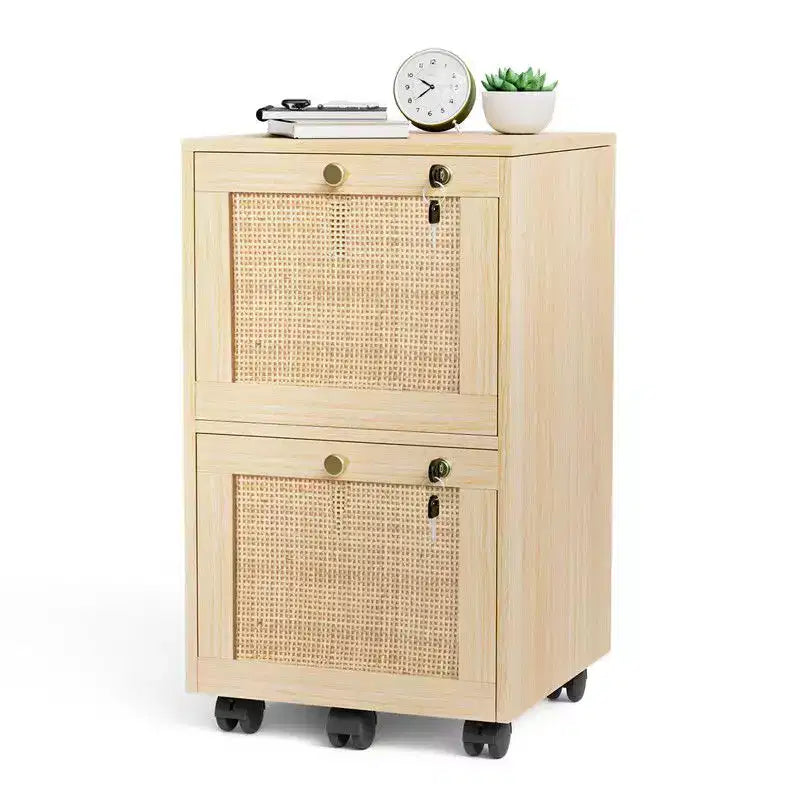 Classeur vertical à 2 tiroirs, MDF, design inspiré du rotin, tiroirs verrouillables, anti-basculement, beige, 38 cm de large