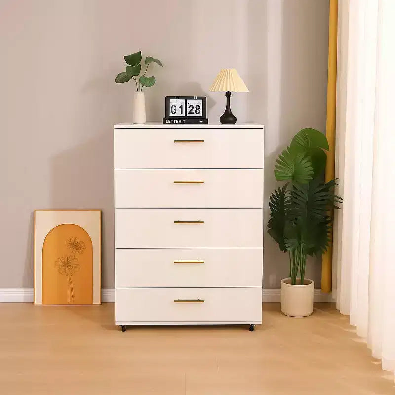 Armoire de rangement moderne à 5 tiroirs de 76 cm avec roulettes, blanc, capacité de 72,5 kg