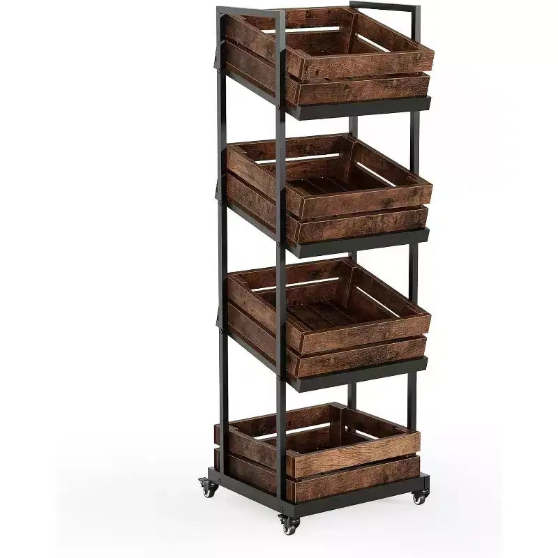 Chariot de cuisine en bois à 4 niveaux avec roues verrouillables, étagère mobile de rangement pour fruits et légumes