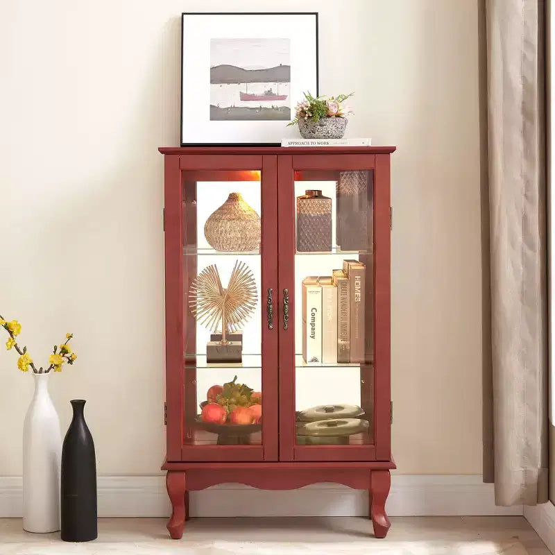 Vitrine 2 portes avec portes en verre trempé, fond miroir, étagères réglables et éclairage intégré