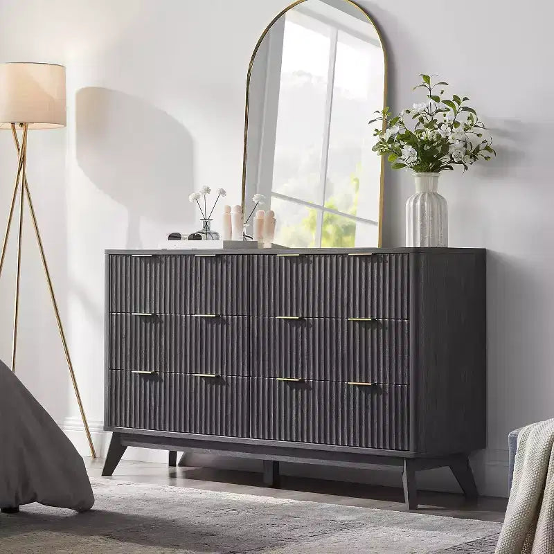 Commode cannelée à 6 tiroirs avec poignées en métal, profil incurvé, organisateur de rangement en bois, 54 l