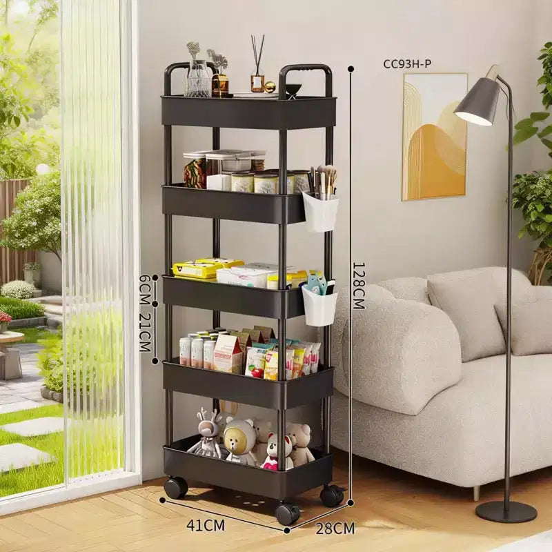 Chariot de rangement à roulettes slim 5 niveaux avec poignée, en plastique ABS, organiseur étroit peu encombrant