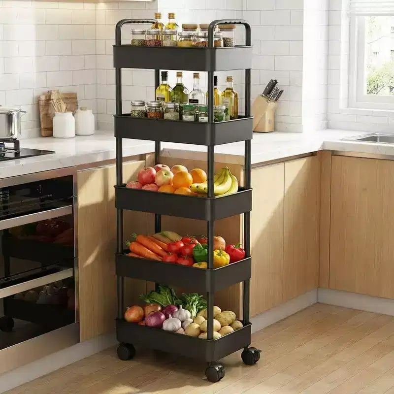 Chariot de rangement à roulettes slim 5 niveaux avec poignée, en plastique ABS, organiseur étroit peu encombrant