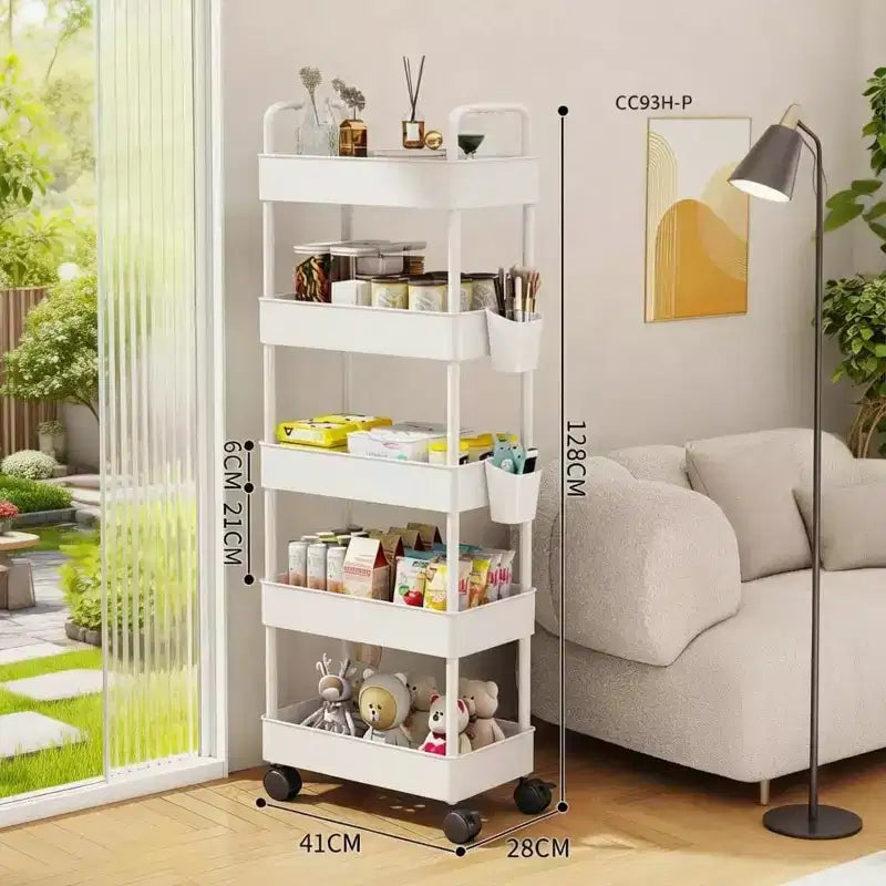 Chariot de rangement à roulettes slim 5 niveaux avec poignée, en plastique ABS, organiseur étroit peu encombrant