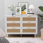 Commode de rangement en rotin à 6 tiroirs, 109,9 cm (43,3") de large, panneau de particules, anti-basculement, plateau supportant 22,7 kg (50 lb), blanc