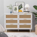 Commode de rangement en rotin à 6 tiroirs, 109,9 cm (43,3") de large, panneau de particules, anti-basculement, plateau supportant 22,7 kg (50 lb), blanc