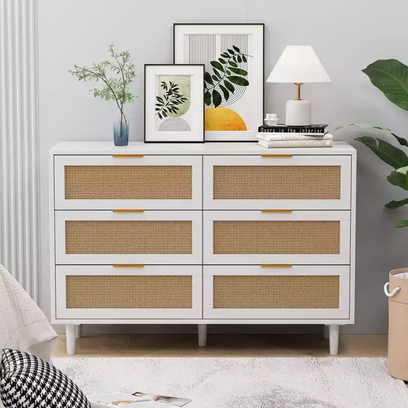 Commode de rangement en rotin à 6 tiroirs, 109,9 cm (43,3") de large, panneau de particules, anti-basculement, plateau supportant 22,7 kg (50 lb), blanc