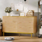 Commode 7 tiroirs, 137 cm de large, design cannelé, poignées en métal doré, bois d'ingénierie, anti-basculement, meuble TV