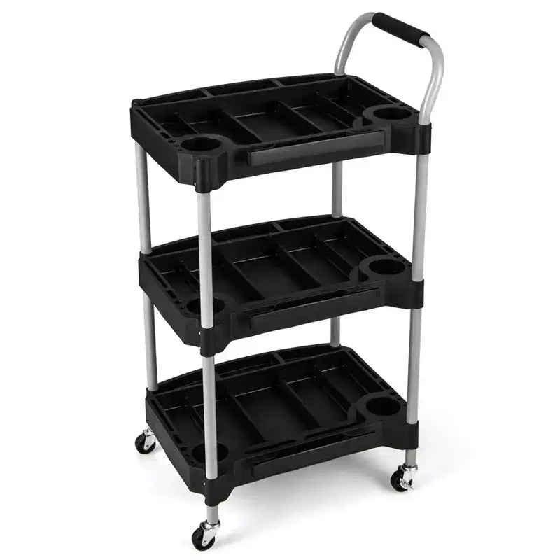 Chariot à outils roulant à 3 niveaux, en métal, capacité 45 kg, 4 roues verrouillables, 6 porte-bouteilles, noir