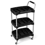 Chariot à outils roulant à 3 niveaux, en métal, capacité 45 kg, 4 roues verrouillables, 6 porte-bouteilles, noir