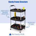 Chariot à outils roulant à 3 niveaux, en métal, capacité 45 kg, 4 roues verrouillables, 6 porte-bouteilles, noir
