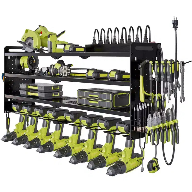 Organisateur mural pour outils électriques à 4 niveaux, 8 porte-perceuses, acier, étagère réglable, panneau perforé, câble de 2 m, rouge/noir/jaune